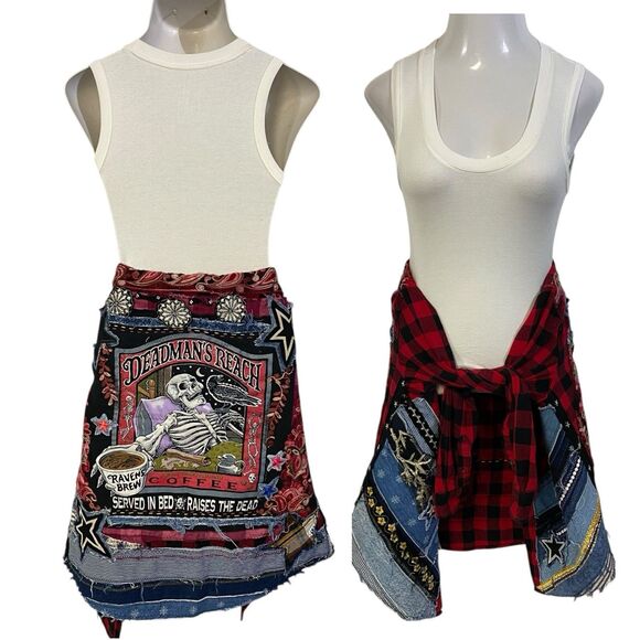 Upcycled Flannel Shirt Shacket Womens XL Jacket Coffee Grunge Patchwork Folk Art - Picture 3 of 16